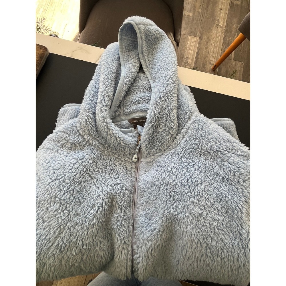 Eddie Bauer Fuzzy Fleece Zip‎ Up Hoodie Light Blue Womens Size M